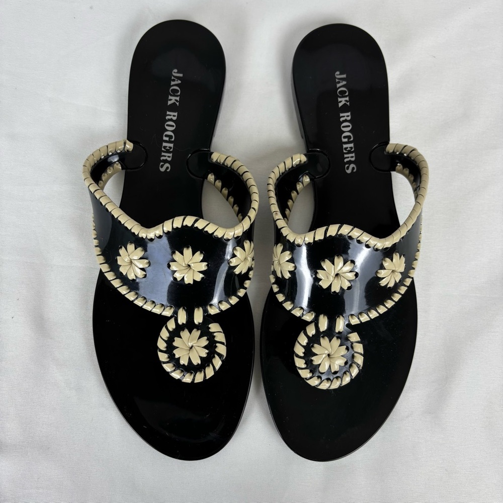 Jack Rogers Jack Jelly Sandals Thong Flip Flop Patent Flats Black Cream Size 10